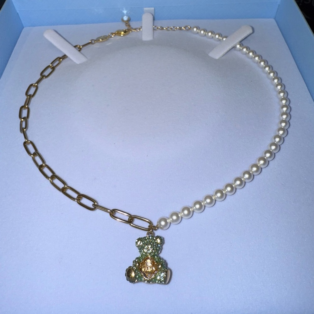 Swarovski Gold and Pearl Teddy Bear Pendant Necklace